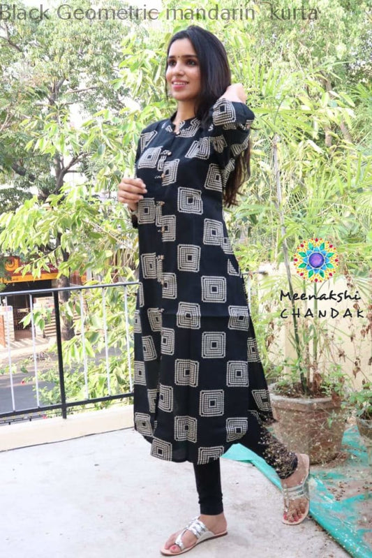 Black Geometric Mandarin Kurta Kurtas