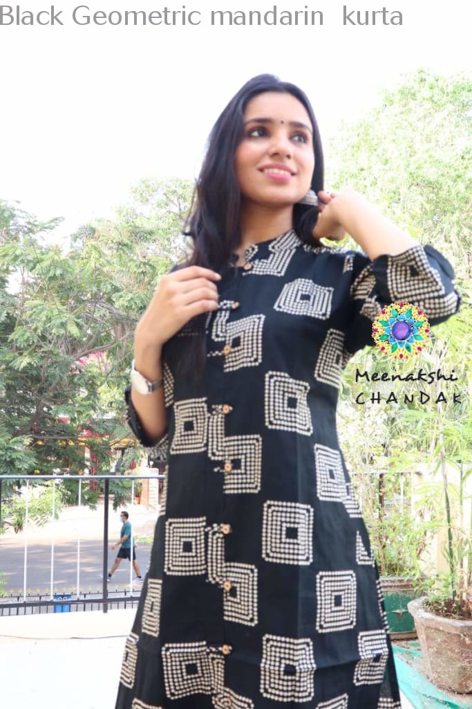 Black Geometric Mandarin Kurta Kurtas