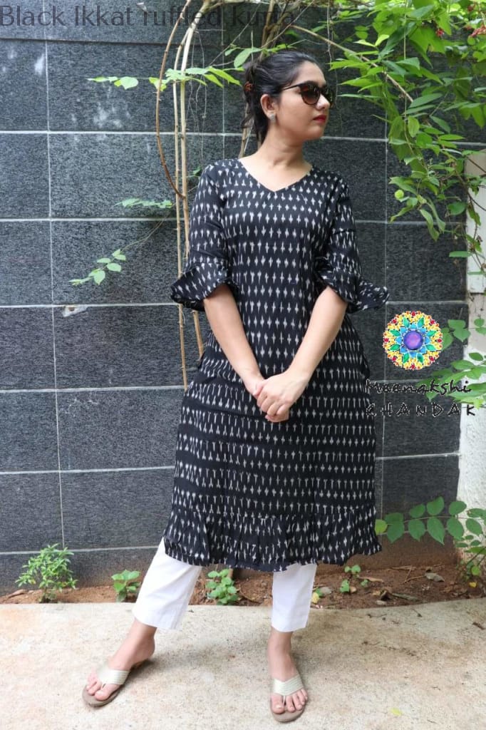 Black Ikkat Ruffled Kurta Kurtas