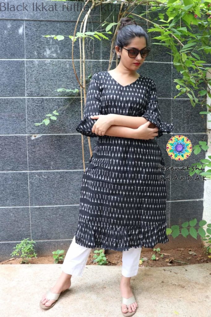 Black Ikkat Ruffled Kurta Kurtas