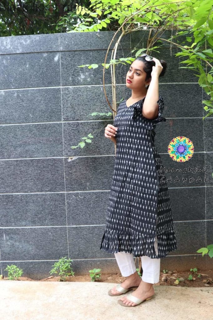 Black Ikkat Ruffled Kurta Kurtas