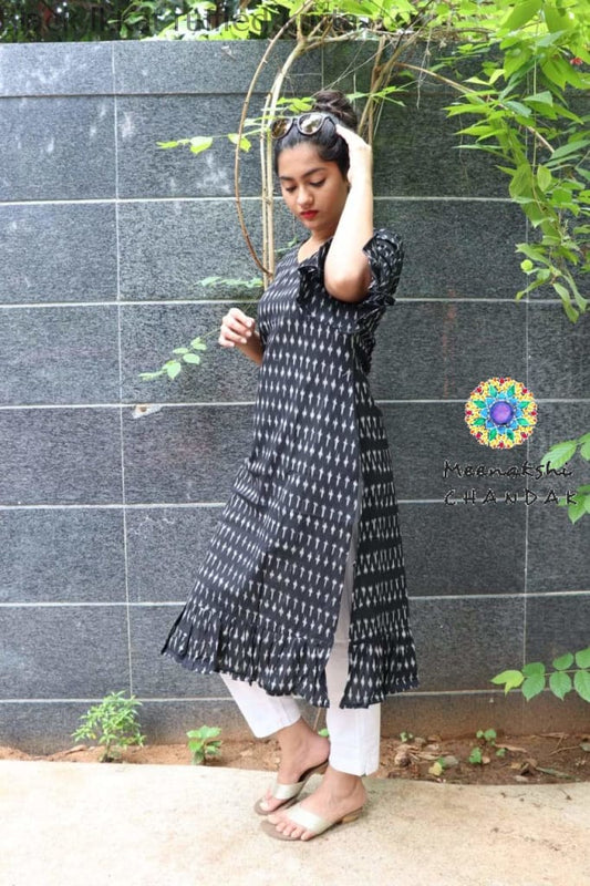 Black Ikkat Ruffled Kurta Kurtas