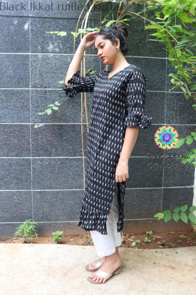 Black Ikkat Ruffled Kurta Kurtas