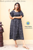 Black Printed Ruffle Midi Dress Casuals