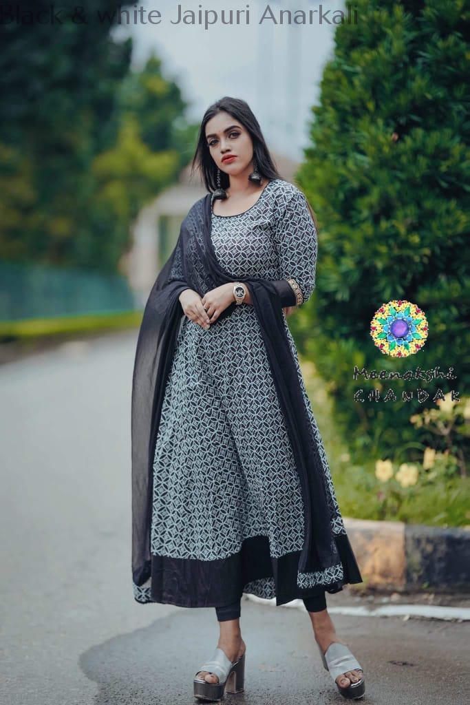 Black & White Jaipuri Anarkali Xs Sets