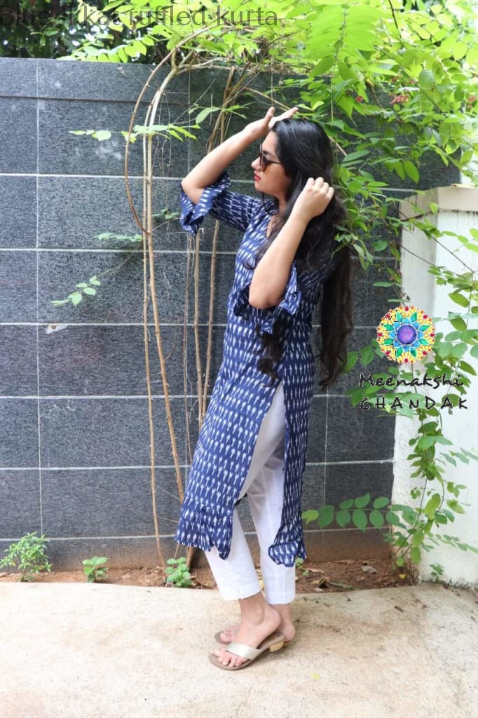 Blue Ikkat Ruffled Kurta Kurtas