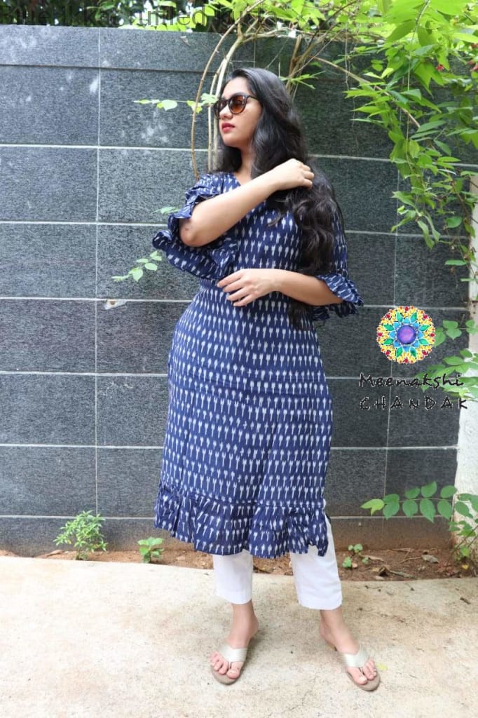 Blue Ikkat Ruffled Kurta Kurtas