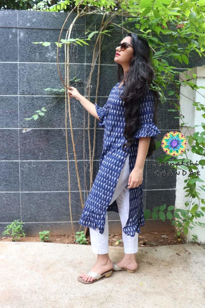 Blue Ikkat Ruffled Kurta Kurtas