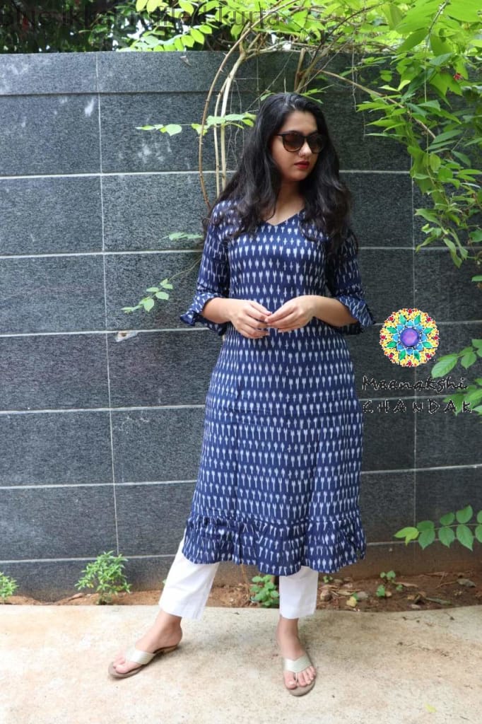 Blue Ikkat Ruffled Kurta Kurtas