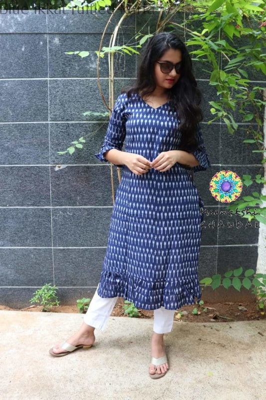 Blue Ikkat Ruffled Kurta Kurtas