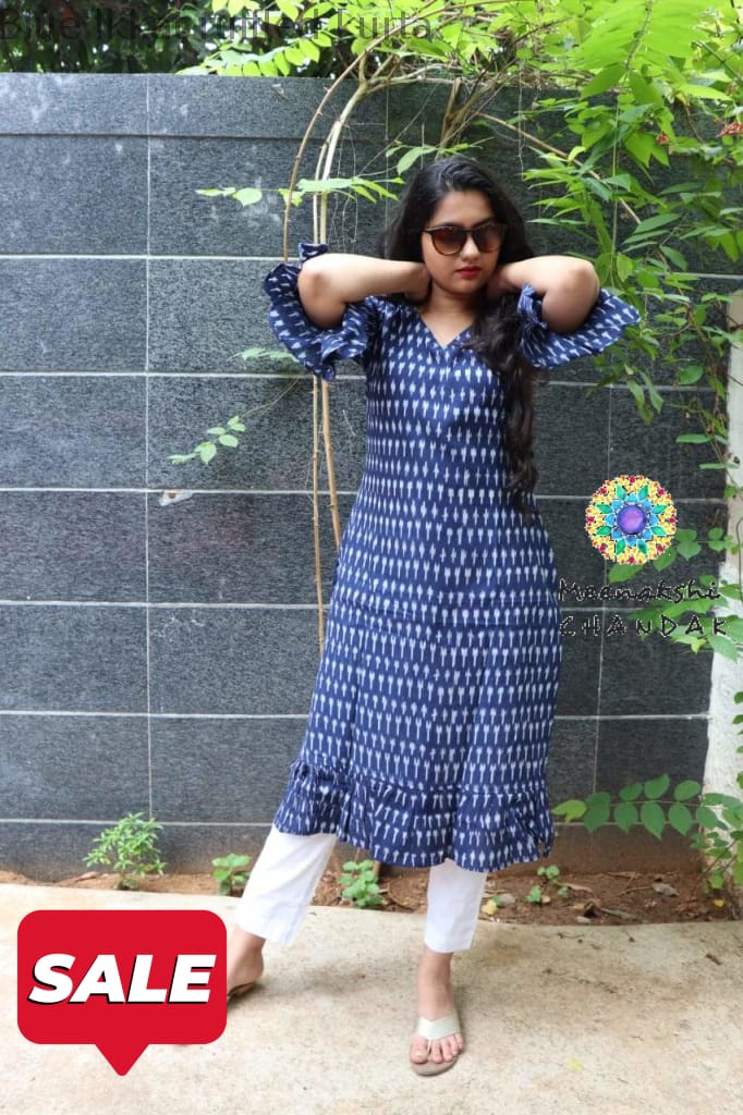 Blue Ikkat Ruffled Kurta Kurtas