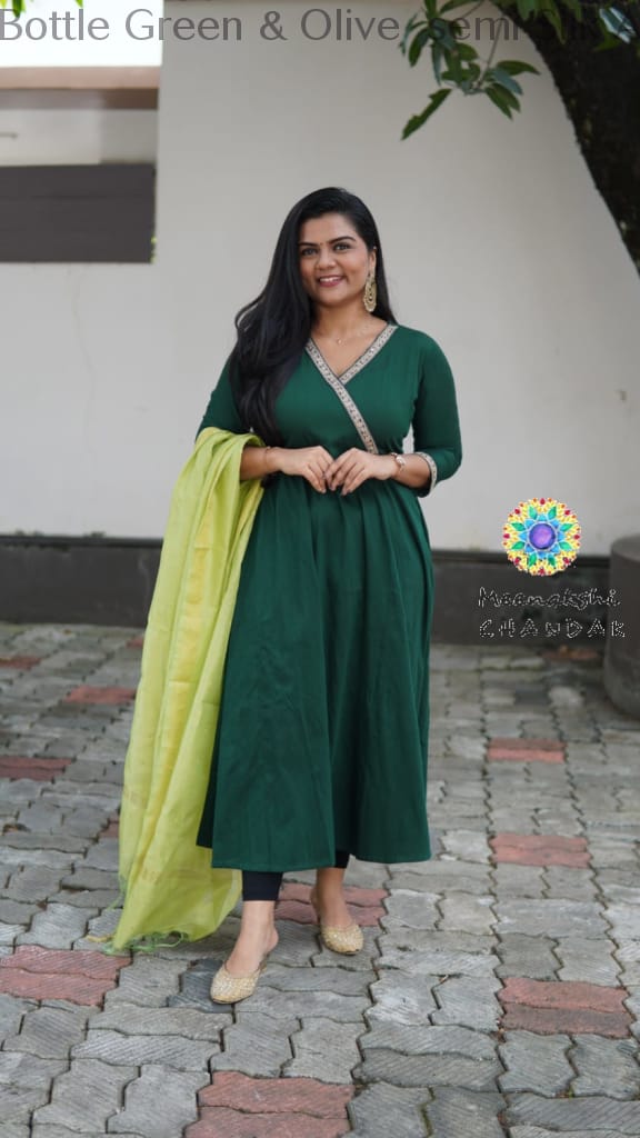 Bottle Green & Olive Semi Silk Anarkali Sets