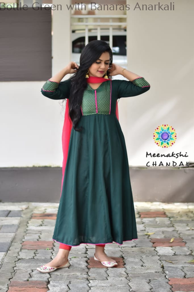 Bottle Green With Banaras Anarkali Sets