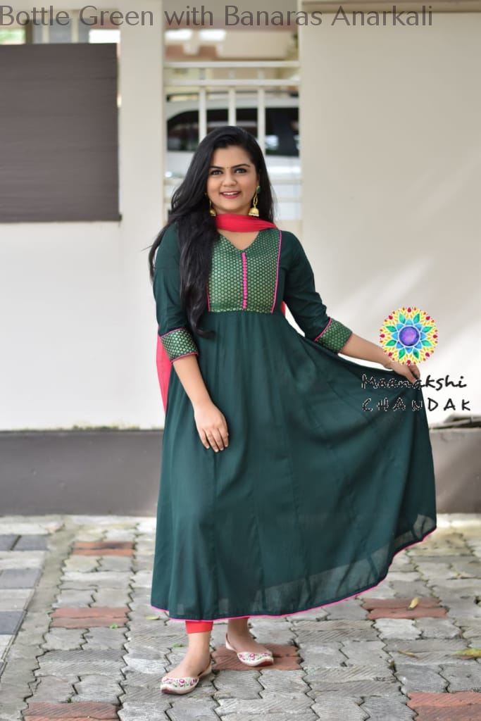 Bottle Green With Banaras Anarkali Sets