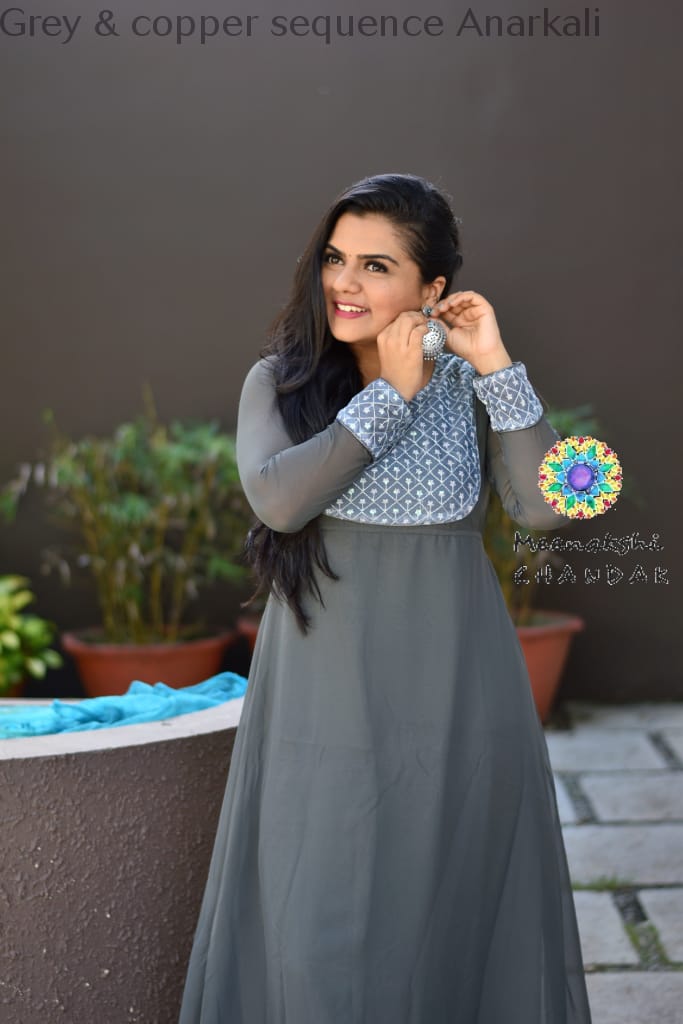 Grey & Copper Sequence Anarkali Ethnic