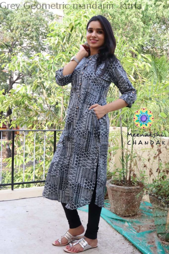 Grey Geometric Mandarin Kurta Kurtas