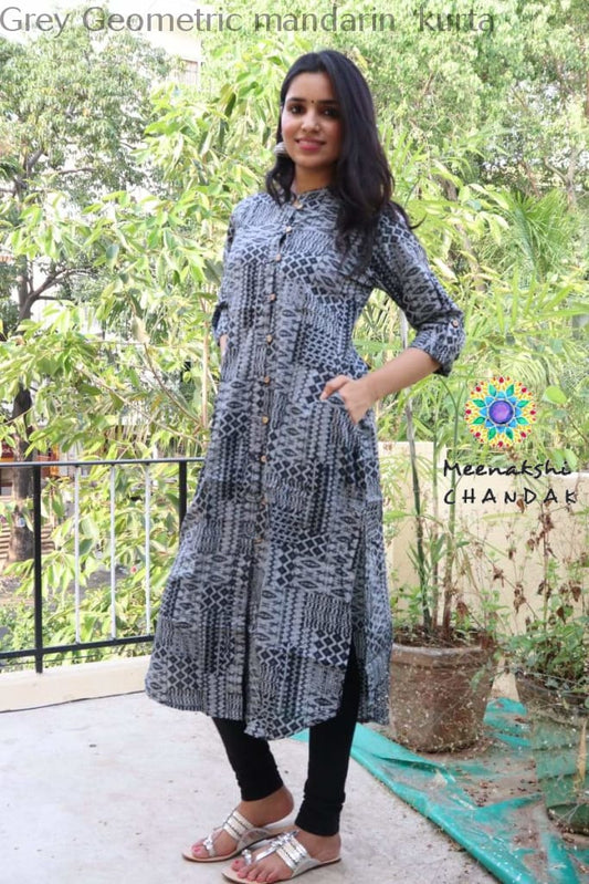 Grey Geometric Mandarin Kurta S Kurtas