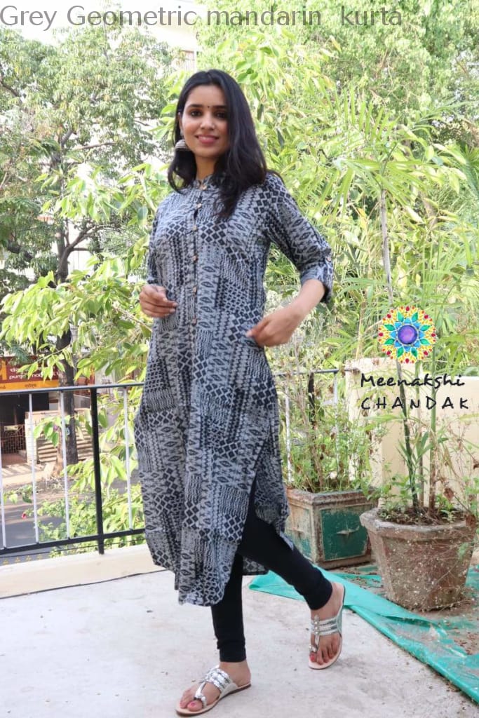 Grey Geometric Mandarin Kurta Kurtas