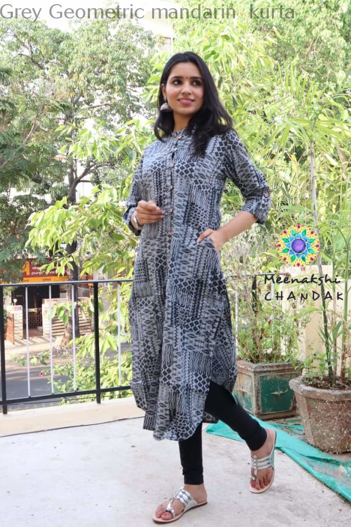 Grey Geometric Mandarin Kurta Kurtas