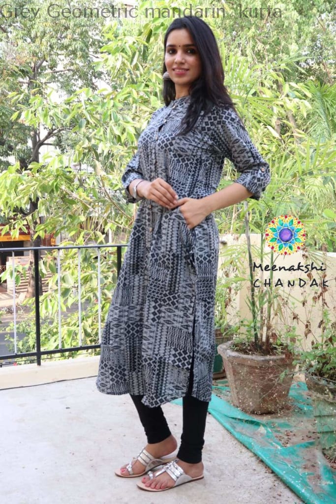 Grey Geometric Mandarin Kurta Kurtas