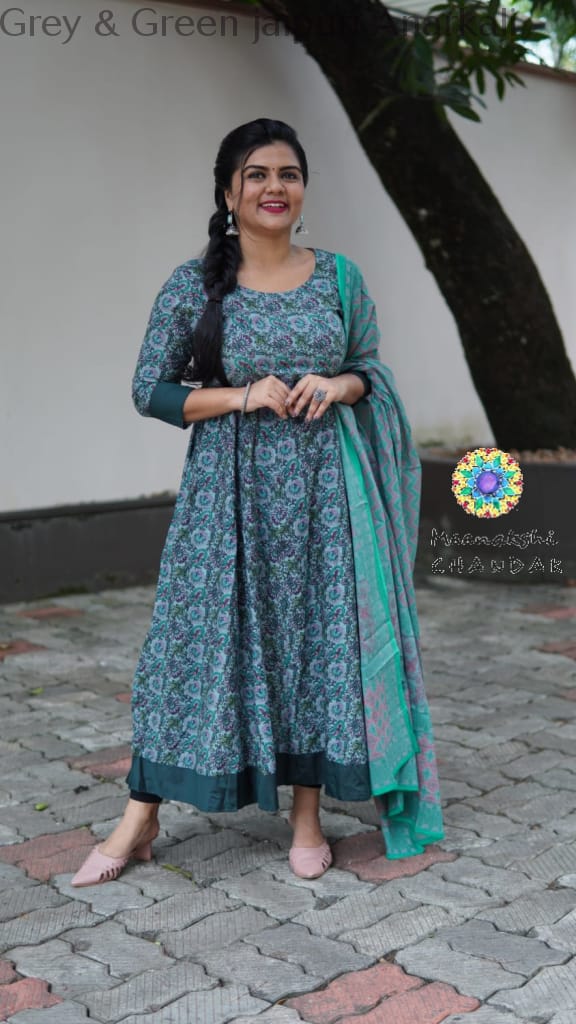 Grey & Green Jaipuri Anarkali Sets