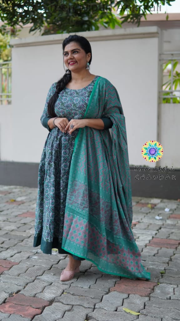 Grey & Green Jaipuri Anarkali Sets