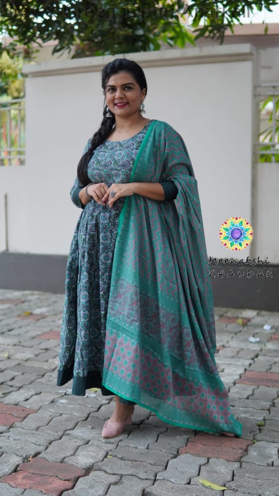 Grey & Green Jaipuri Anarkali Sets