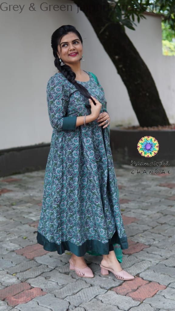 Grey & Green Jaipuri Anarkali Sets