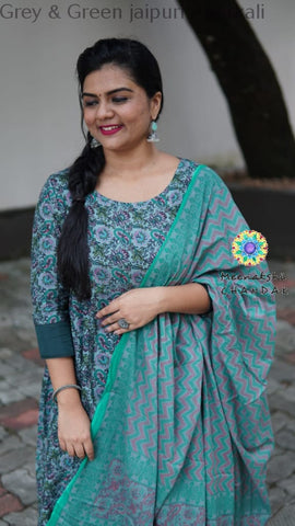Grey & Green Jaipuri Anarkali Small Sets