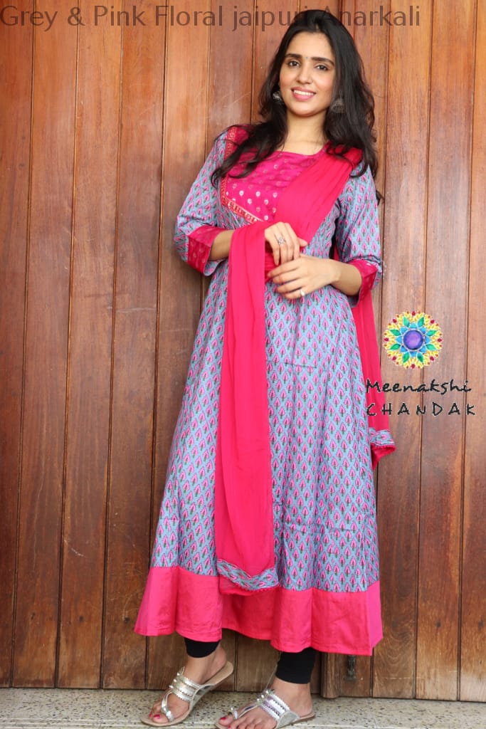 Grey & Pink Floral Jaipuri Anarkali Sets