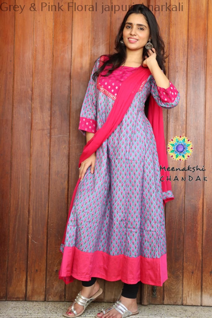 Grey & Pink Floral Jaipuri Anarkali Sets