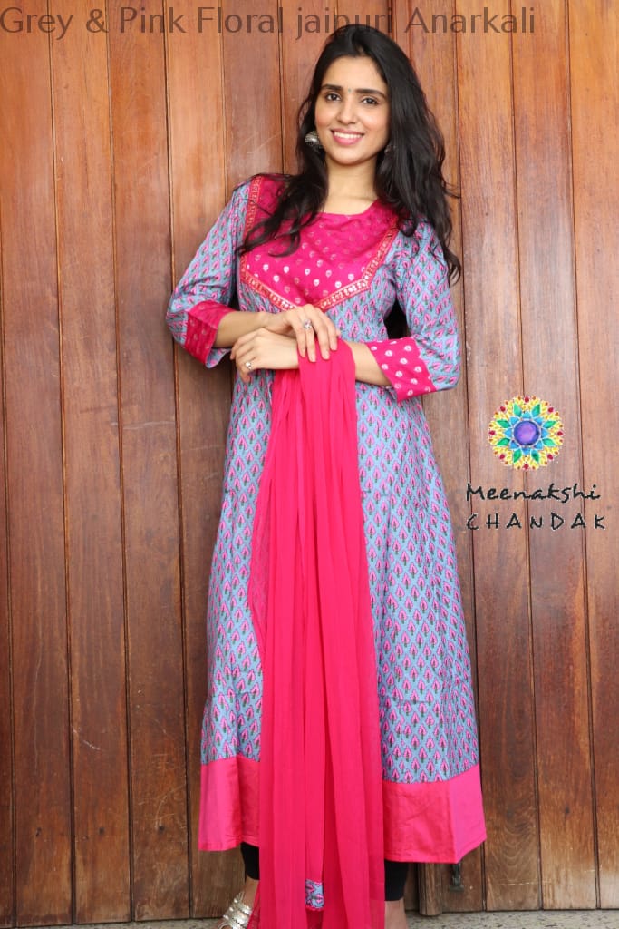 Grey & Pink Floral Jaipuri Anarkali Sets