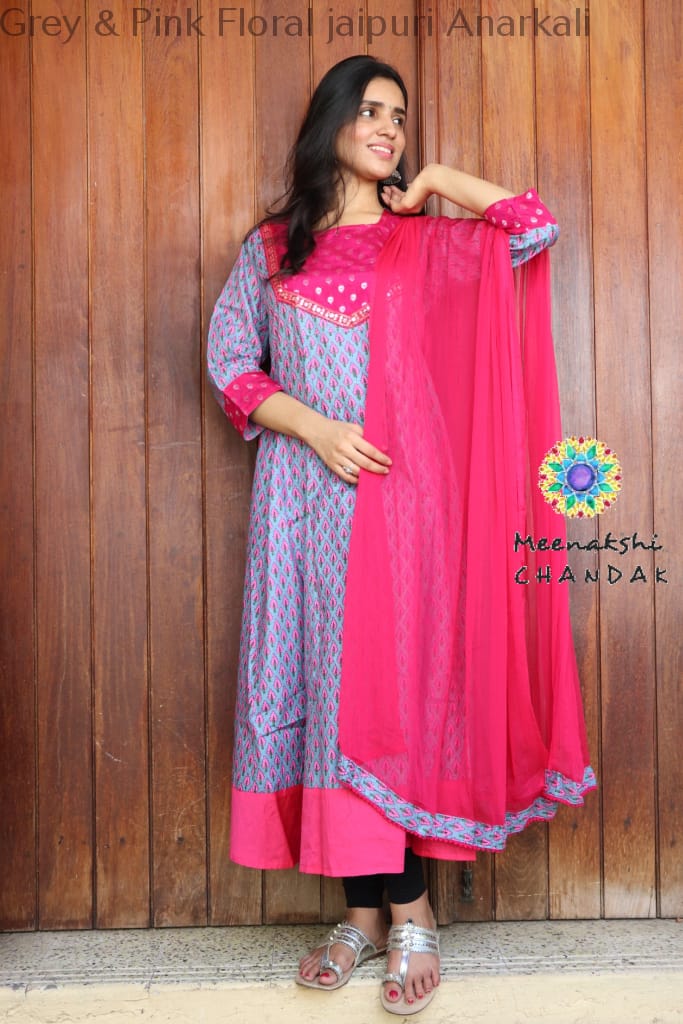 Grey & Pink Floral Jaipuri Anarkali Sets