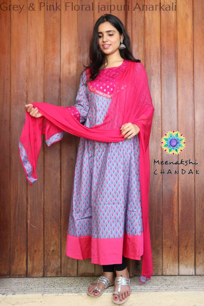 Grey & Pink Floral Jaipuri Anarkali Sets