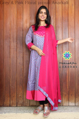 Grey & Pink Floral Jaipuri Anarkali Sets