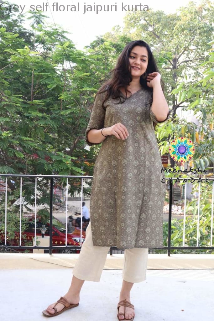 Grey Self Floral Jaipuri Kurta Best Offers