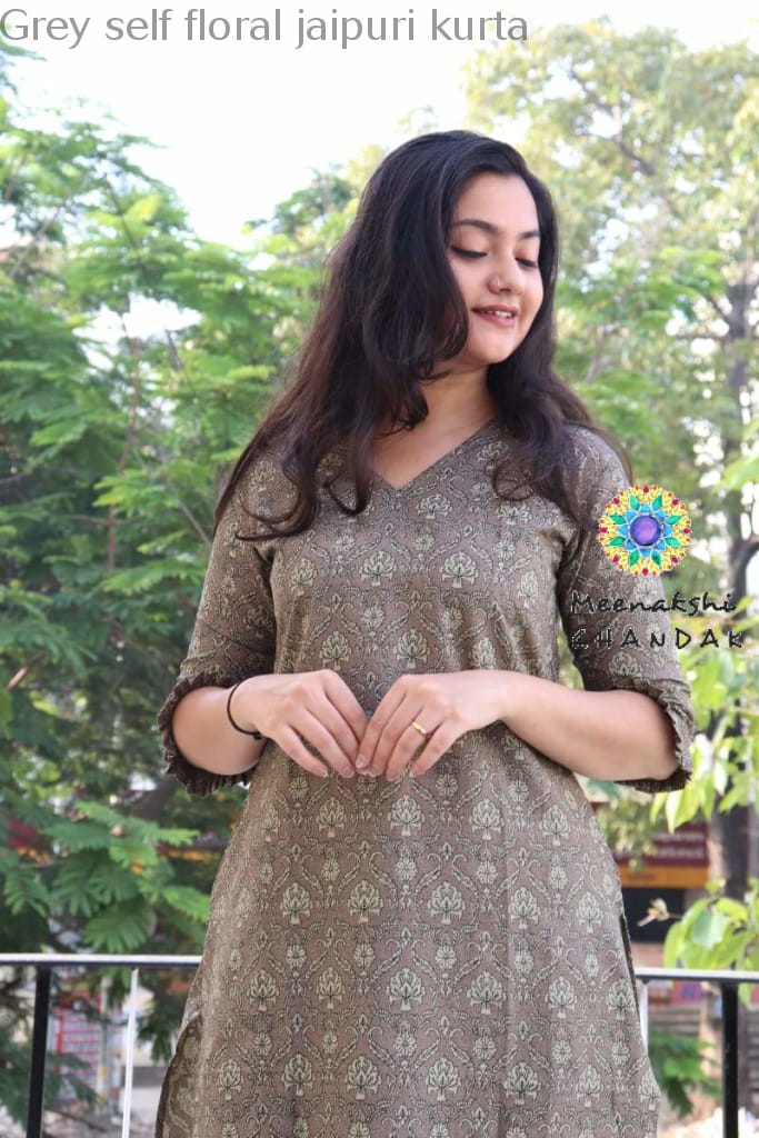 Grey Self Floral Jaipuri Kurta Best Offers