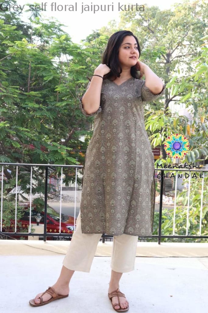 Grey Self Floral Jaipuri Kurta Best Offers