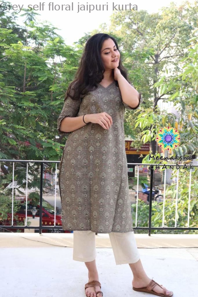 Grey Self Floral Jaipuri Kurta Best Offers