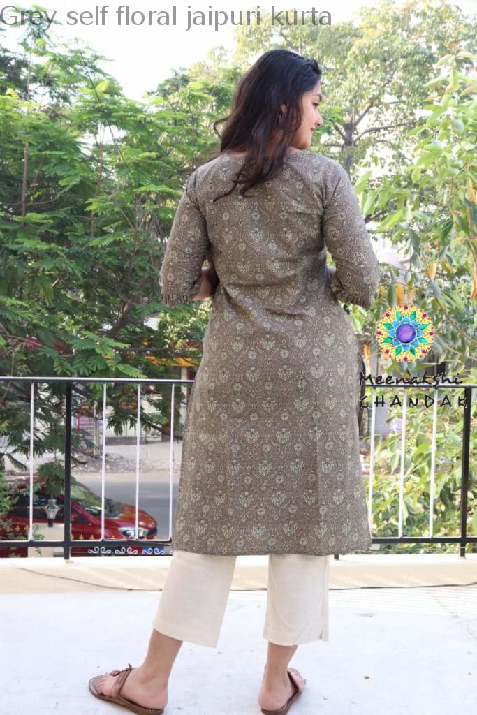 Grey Self Floral Jaipuri Kurta Best Offers