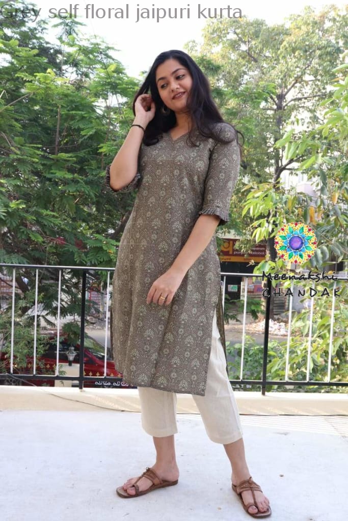 Grey Self Floral Jaipuri Kurta Best Offers