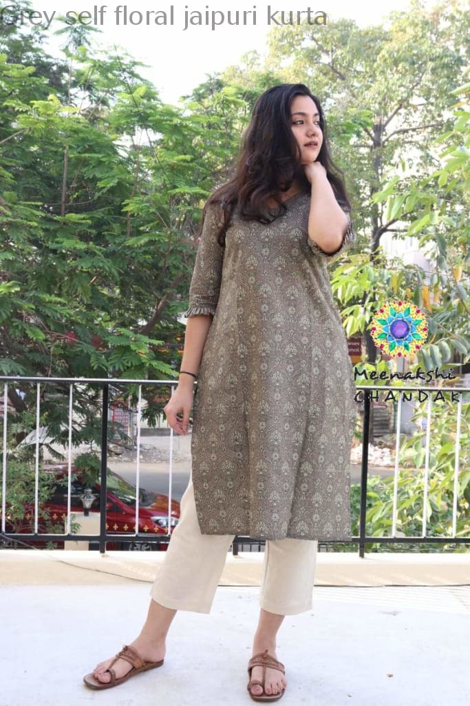 Grey Self Floral Jaipuri Kurta S Best Offers