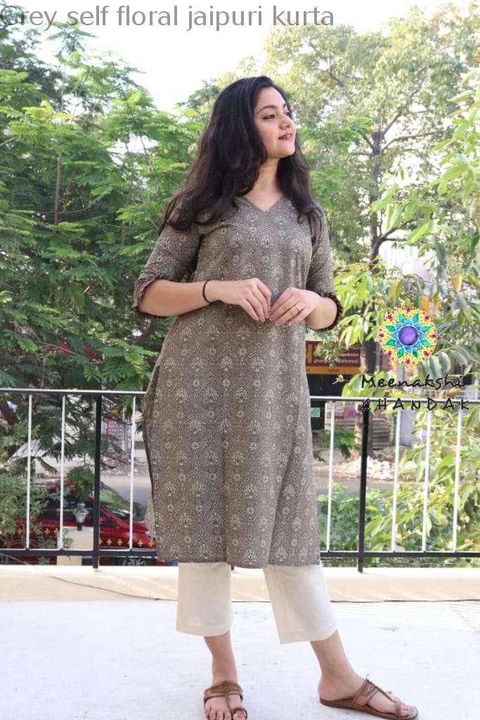 Grey Self Floral Jaipuri Kurta Best Offers