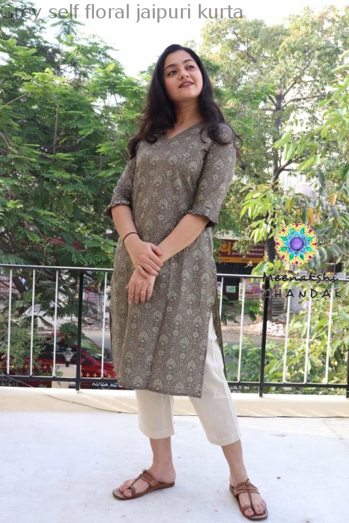 Grey Self Floral Jaipuri Kurta Best Offers