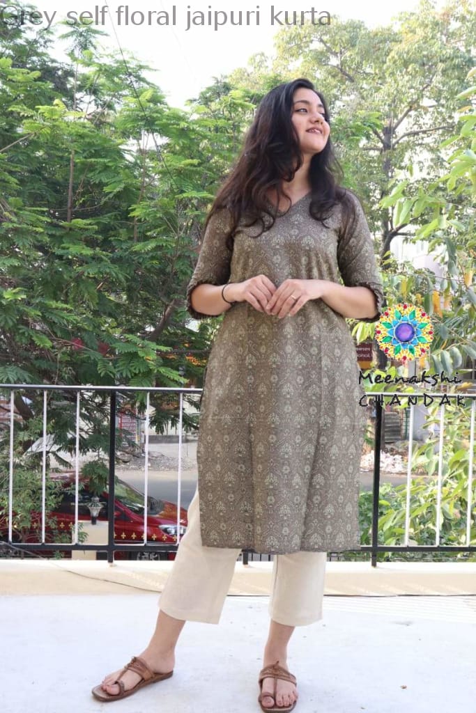 Grey Self Floral Jaipuri Kurta Best Offers