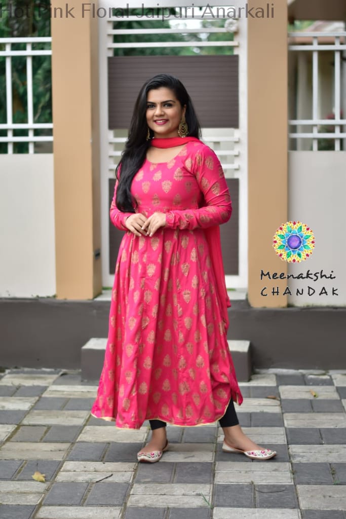 Hot Pink Floral Jaipuri Anarkali Sets