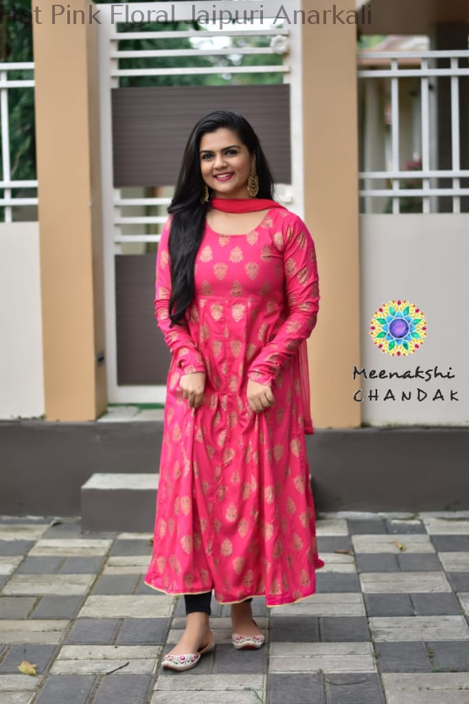 Hot Pink Floral Jaipuri Anarkali Sets