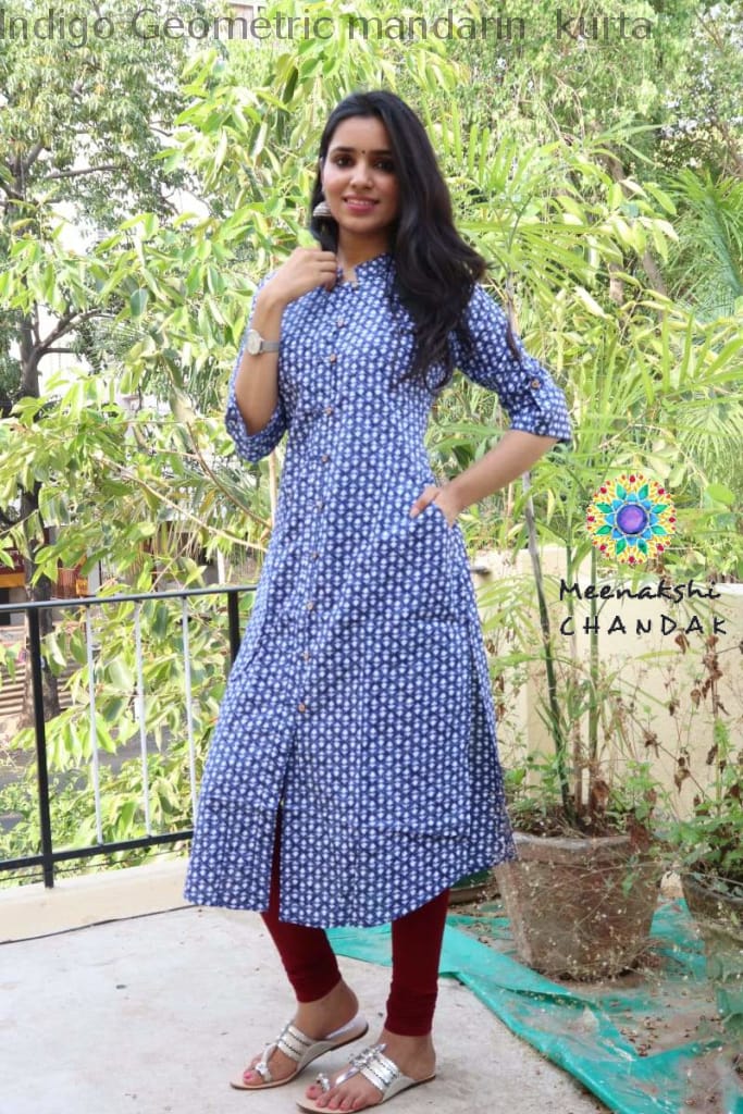 Indigo Geometric Mandarin Kurta Kurtas