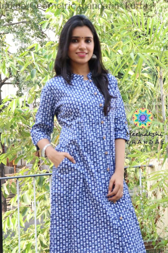 Indigo Geometric Mandarin Kurta Kurtas