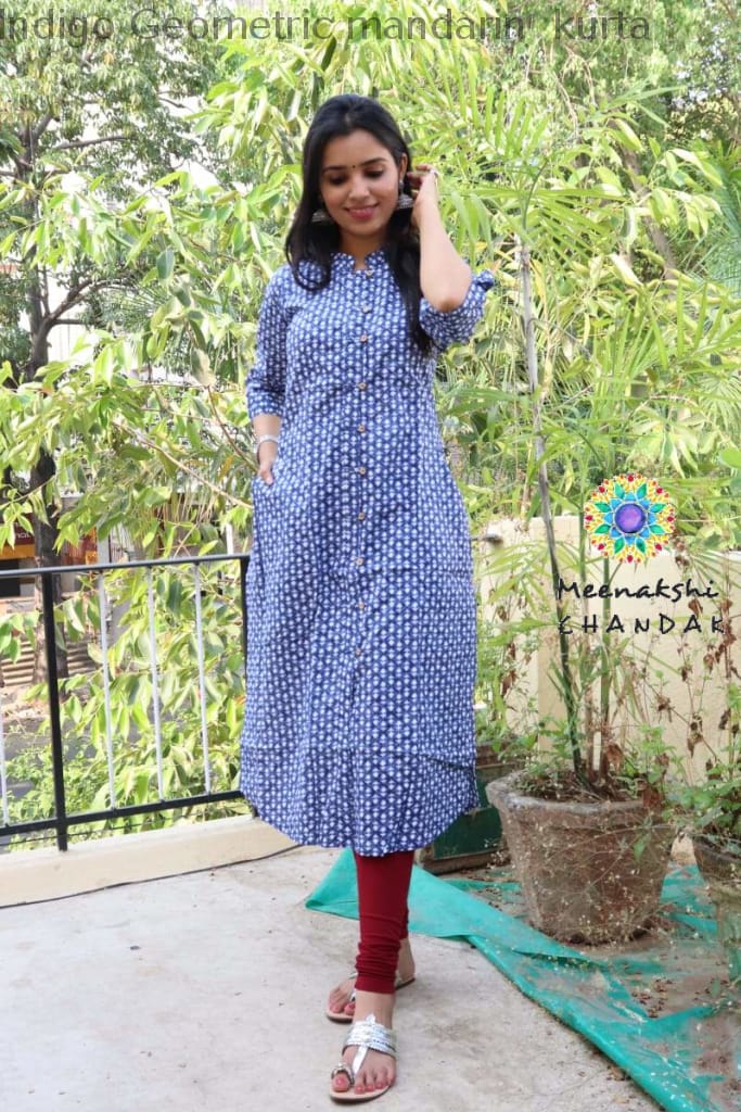 Indigo Geometric Mandarin Kurta Kurtas